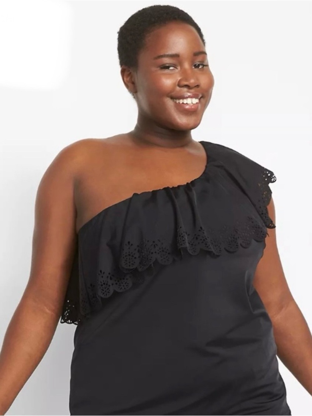 Cacique No-Wire Laser Cut One-Shoulder Ruffle Swim Tankini Top Plus Size 24